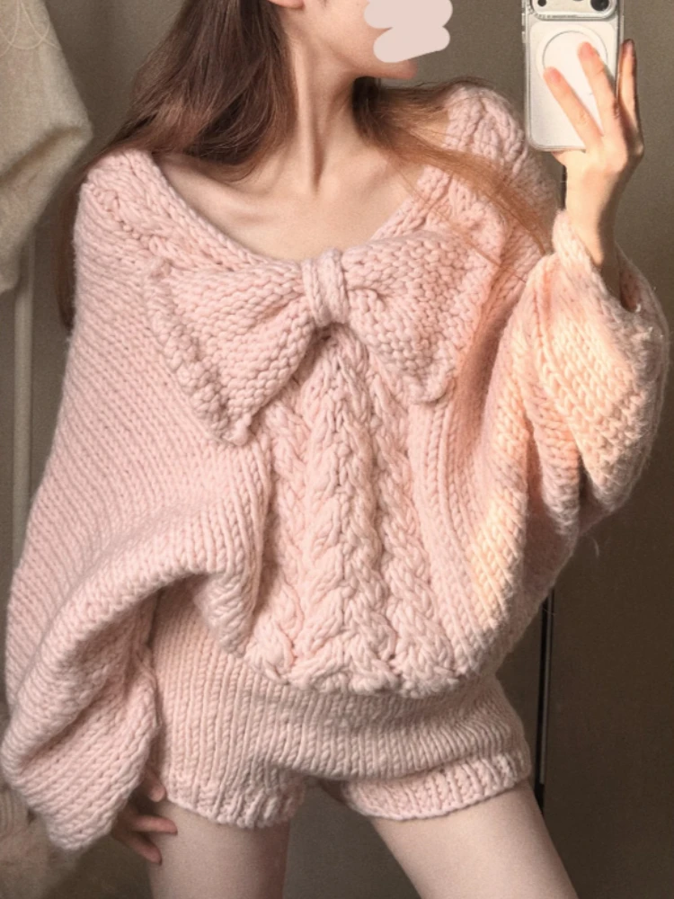 Korean Sweet Pink Knit Soft Two Piece Set Women Loose Fit V-Neck Bow Sweater + Shorts Cozy Lazy Style Soft Cable Pullover Outfit