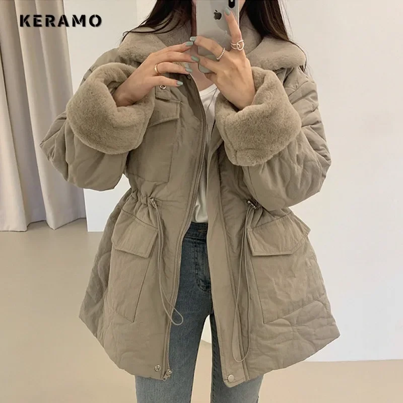 Women Casual Elegant Long Sleeve Single Breasted Parkas 2023 Winter Oversized Outerwear Jacket Fashion Warm Solid Color Coat