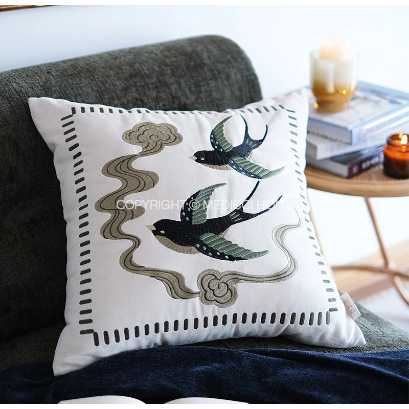 Medicci Home Double Swallow Embroidery Throw Pillow Cover Original Design Cushion Case South French Rustic Shabby Chic Home Deco