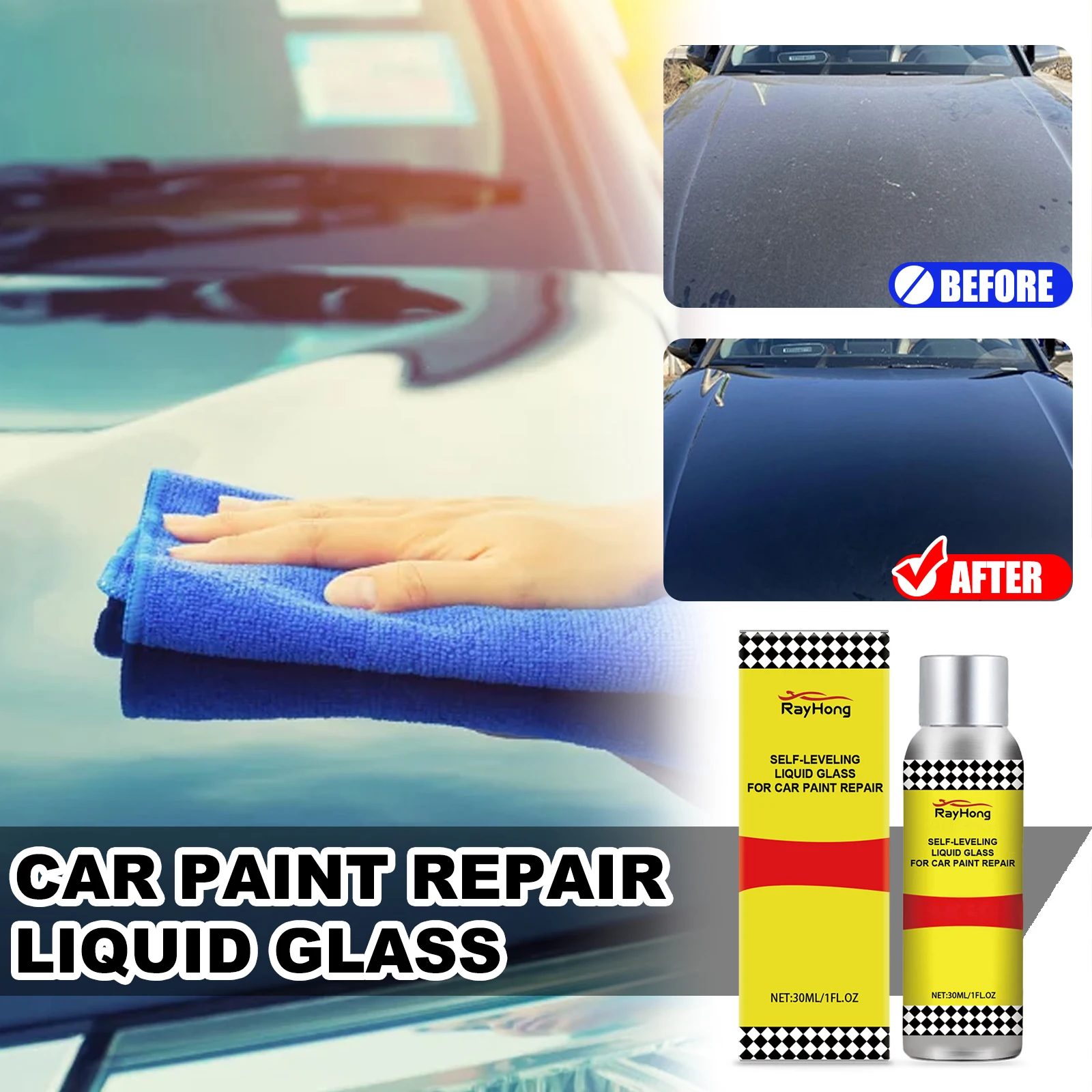 RAYHONG-recubrimiento de vidrio hidrofóbico líquido autonivelante para reparación de pintura de coche, agente de recubrimiento de nanocerámica para pintura corporal de coche, 30ml