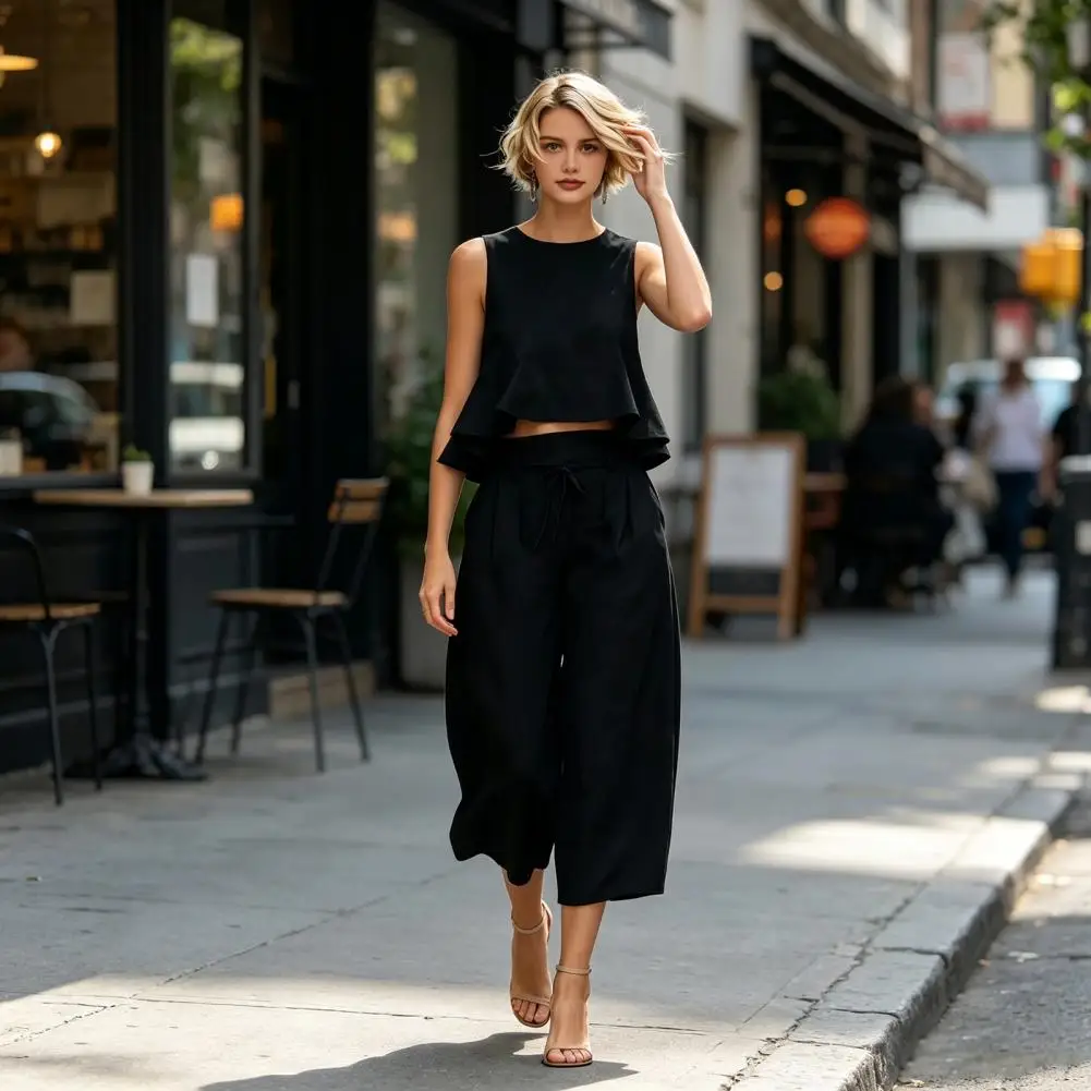 Lightweight Women Clothing 2 Piece Women’s Summer Set Ruffle Tank Top Wide Leg Pants Vacation Lounge Outfit Matching Ensemble