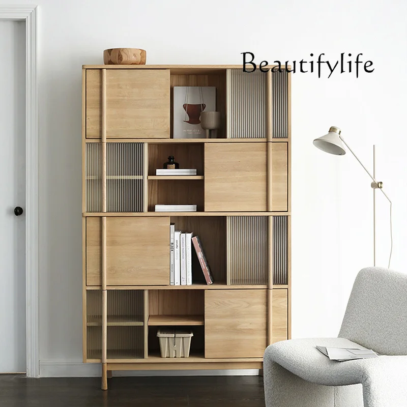 Nordic and Japanese Style Log Bookcase White Oak Solid Wood Glass Showcase Black Storage Study Bookcase