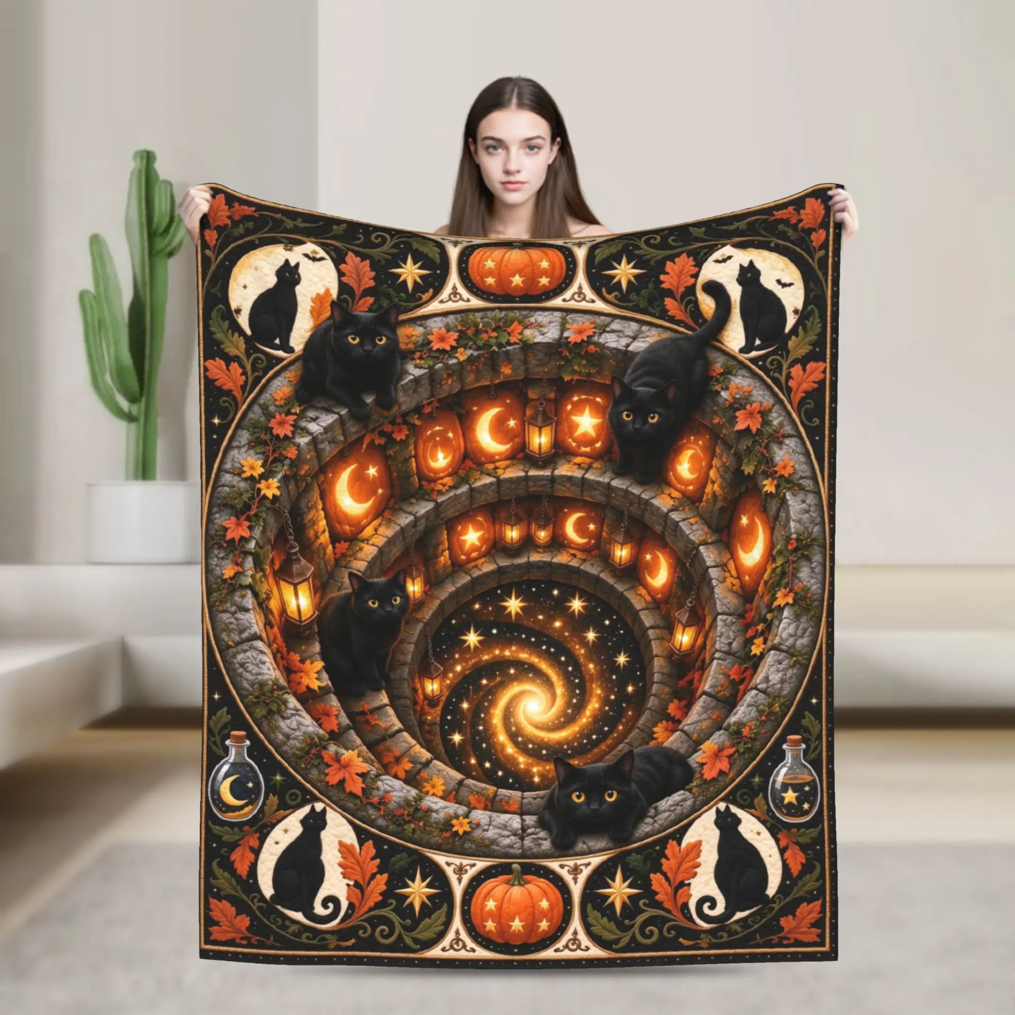 3D Illusion Halloween Blanket Cover Black Cat Witchy Plush Throw Blankets Home Couch Personalised Lightweight Bedspread