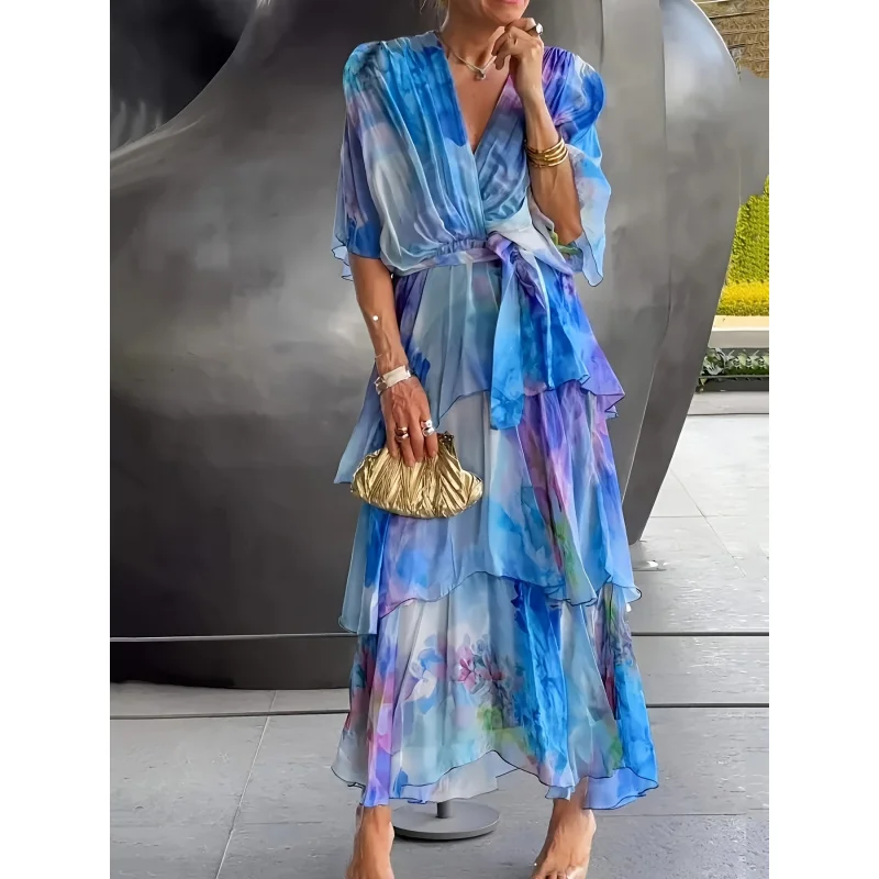 Vestido boho azul com babados – vestido maxi estampado com manga borboleta em camadas soltas para mulheres, férias na praia, roupa de verão