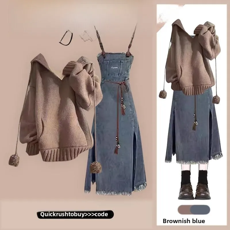 

Retro Lazy Hoodie Women's Loose Knitted Top High Waist Denim Overalls Set Casual Fashion Ensemble Winter Collection 2024