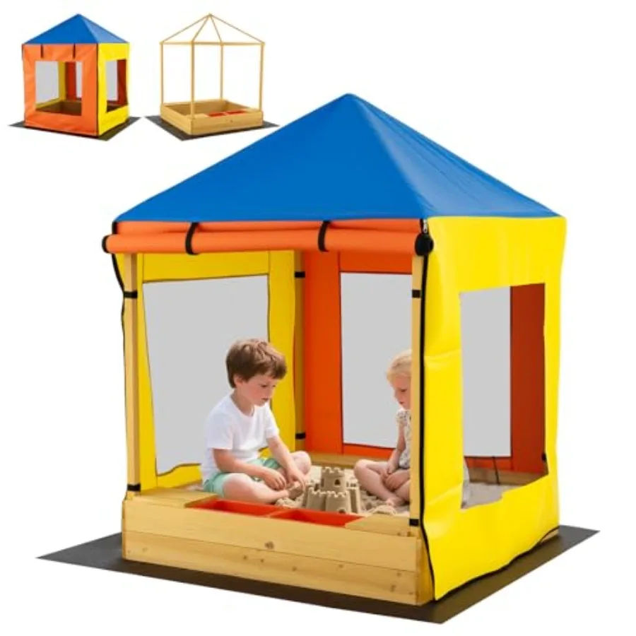 

Outdoor kids wooden sandbox with canopy for garden backyard use, made of fir wood in yellow and blue, featuring bottom liner, r