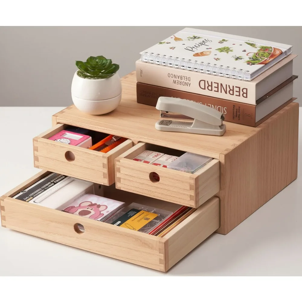 

Natural Wooden Desktop Organizer with 3 Drawers - Office Storage Shelf for Documents & Jewelry