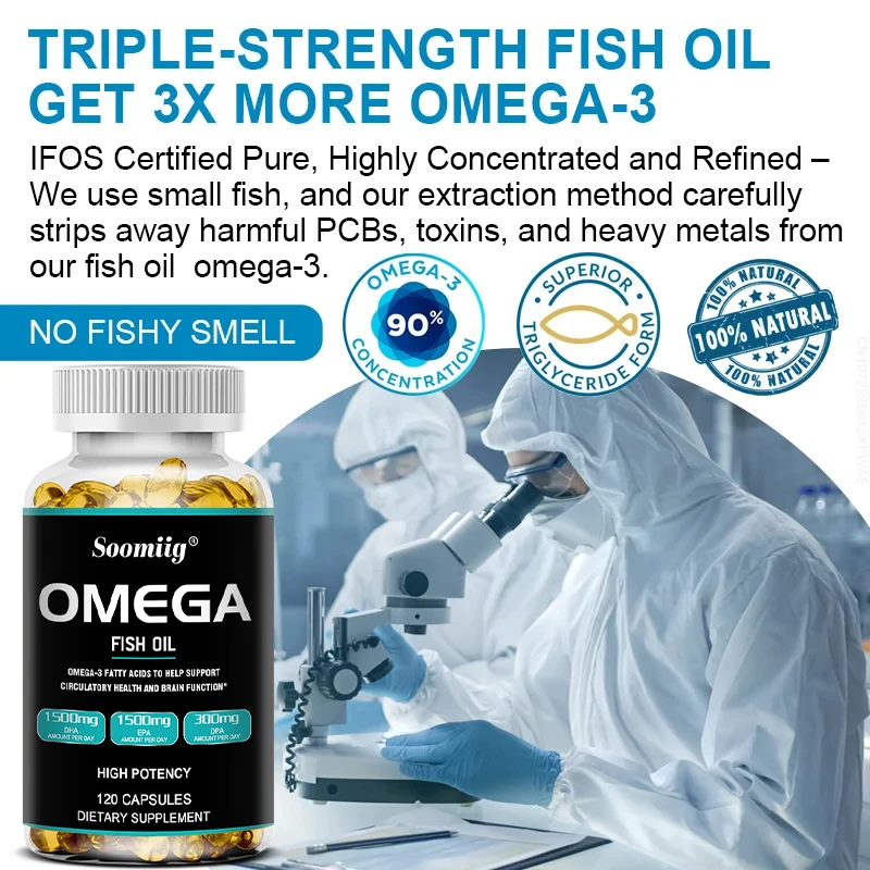 Soomiig Wild Caught Omega 3 Fish Oil - 120 Softgels - 1500 Mg DHA 1500 Mg EPA 300 Mg DPA Non-GMO Gluten-Free Dietary Supplement