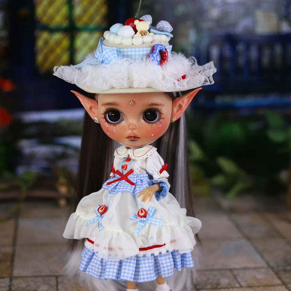 ICY DBS Blyth Doll 1/6 BJD Brown Jellyfish Head Straight Hair Custom Hand drawn Face Shell Carving Eyebrow, Lips, and Face Gift