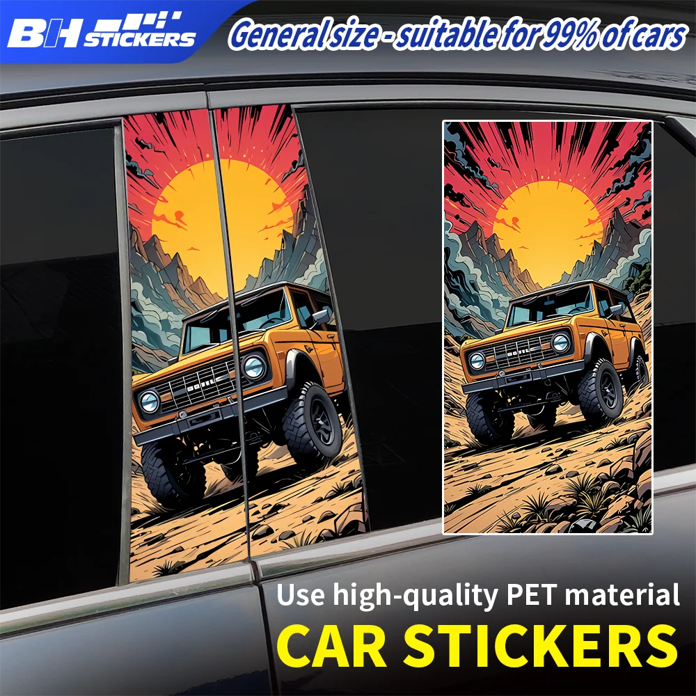 

Retro 4x4 Off-road Car Decal B Pillar Stickers Sunset Mountain View Waterproof Vinyl Auto Body Decoration Wrap Universal 2PCS