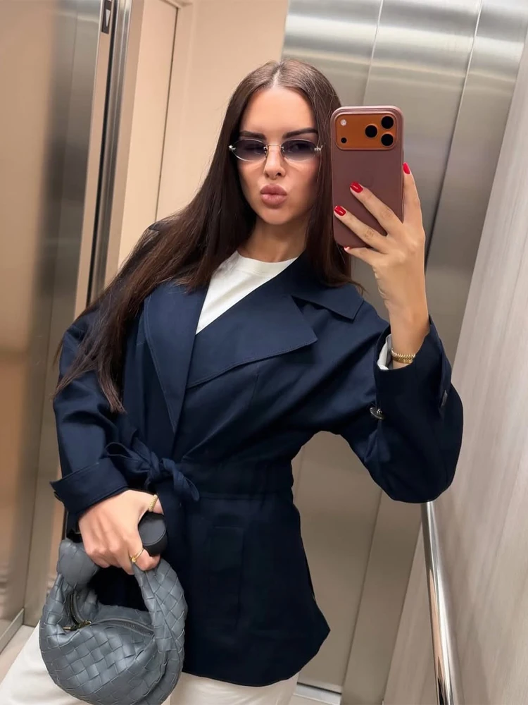 

Women's Belted Waist Cropped Trench Jacket Chic Lapel Long Sleeve Solid Pocket Coat 2026 Spring Summer Lady Commute Outwear