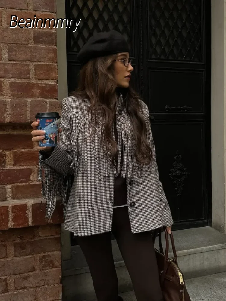 

Women's Plaid Tassel Jacket 2025 New Elegant Stand Collar Loose Long Sleeve Single-breasted Coat Autumn Lady Commuter Outerwears