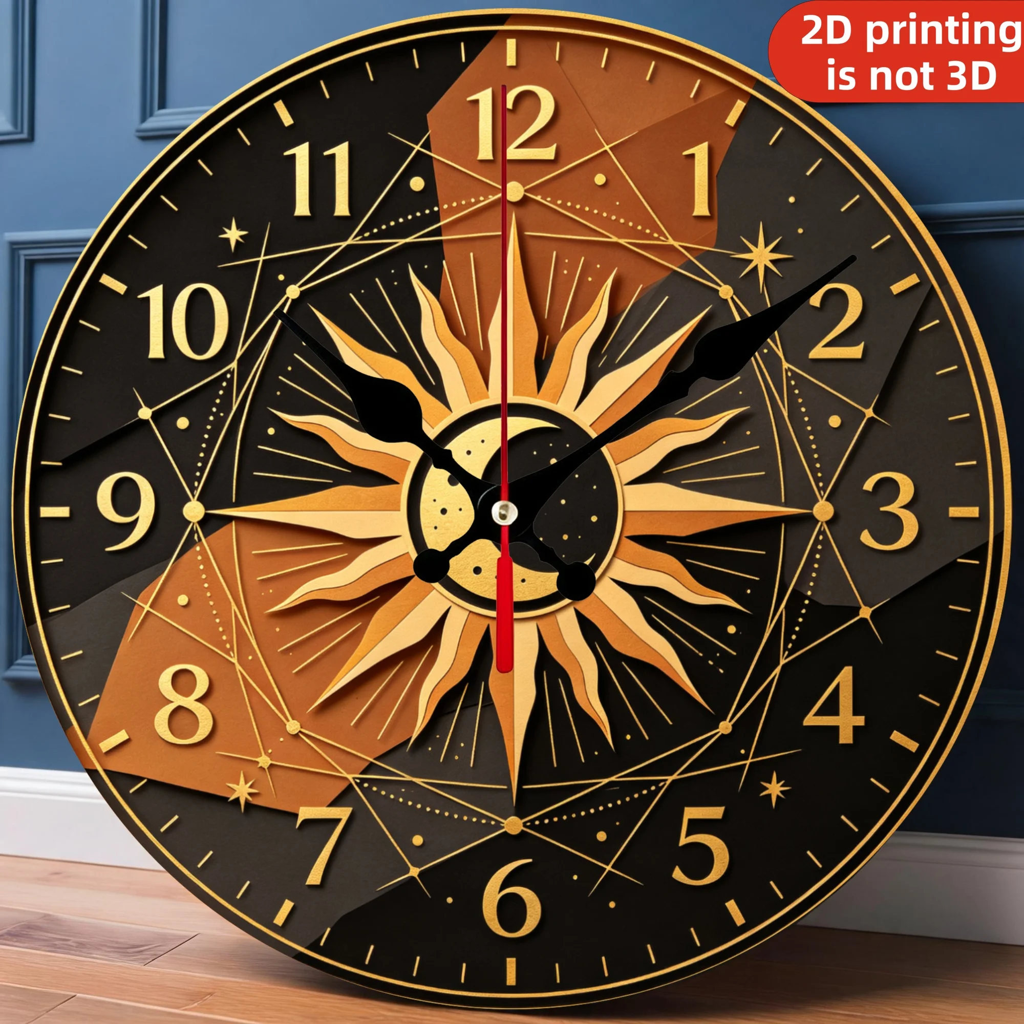 Astrological Sun Moon Celestial Wooden Wall Clock, 10/12 Inch Round Wood Clock, Silent Non Ticking Quartz Movement, Mystical Geometric Chart Printed Home Decor