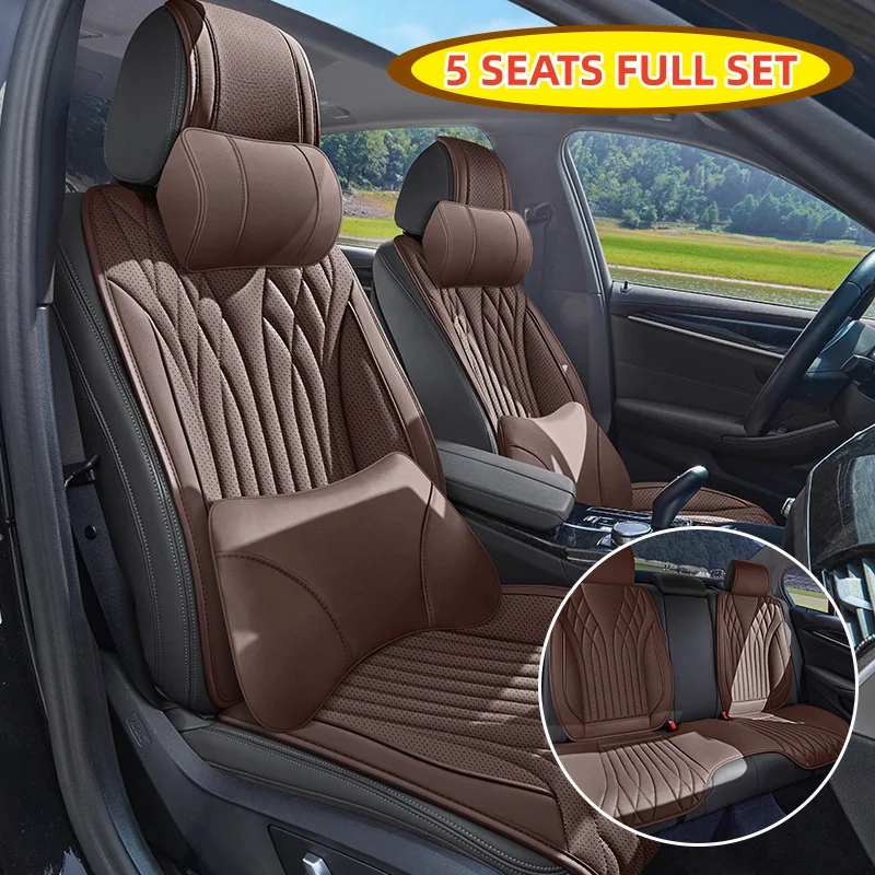 (Luxury Edition) the Car Has Five Seats, Equipped with 2 Soft Headrests and 2 Comfortable Lumbar Supports, Simple and Luxurious Pu Leather Car Seat Cushions, with a Fine Texture, Comfortable to Sit On, Breathable and Not Stuffy, Suitable for All Seasons, Fits the Seat Well, Non-Slip and Does Not Shift Easily, Simple and Convenient Installation, Available in 6 Colors, Suitable for Various Models Such as Sedans, Suvs, Trucks