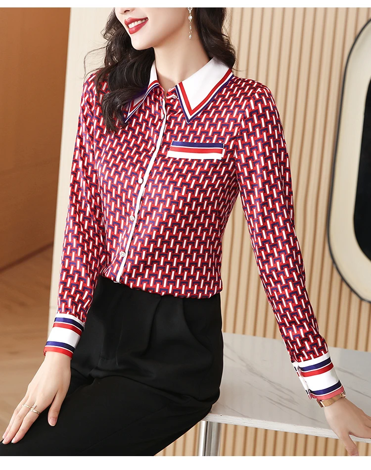 Women's Luxury Tops Vintage Shirts 2025 Spring Summer Long Sleeve Red Plaid Print Shirts Elegant Casual Streetwear Blusas Mujer