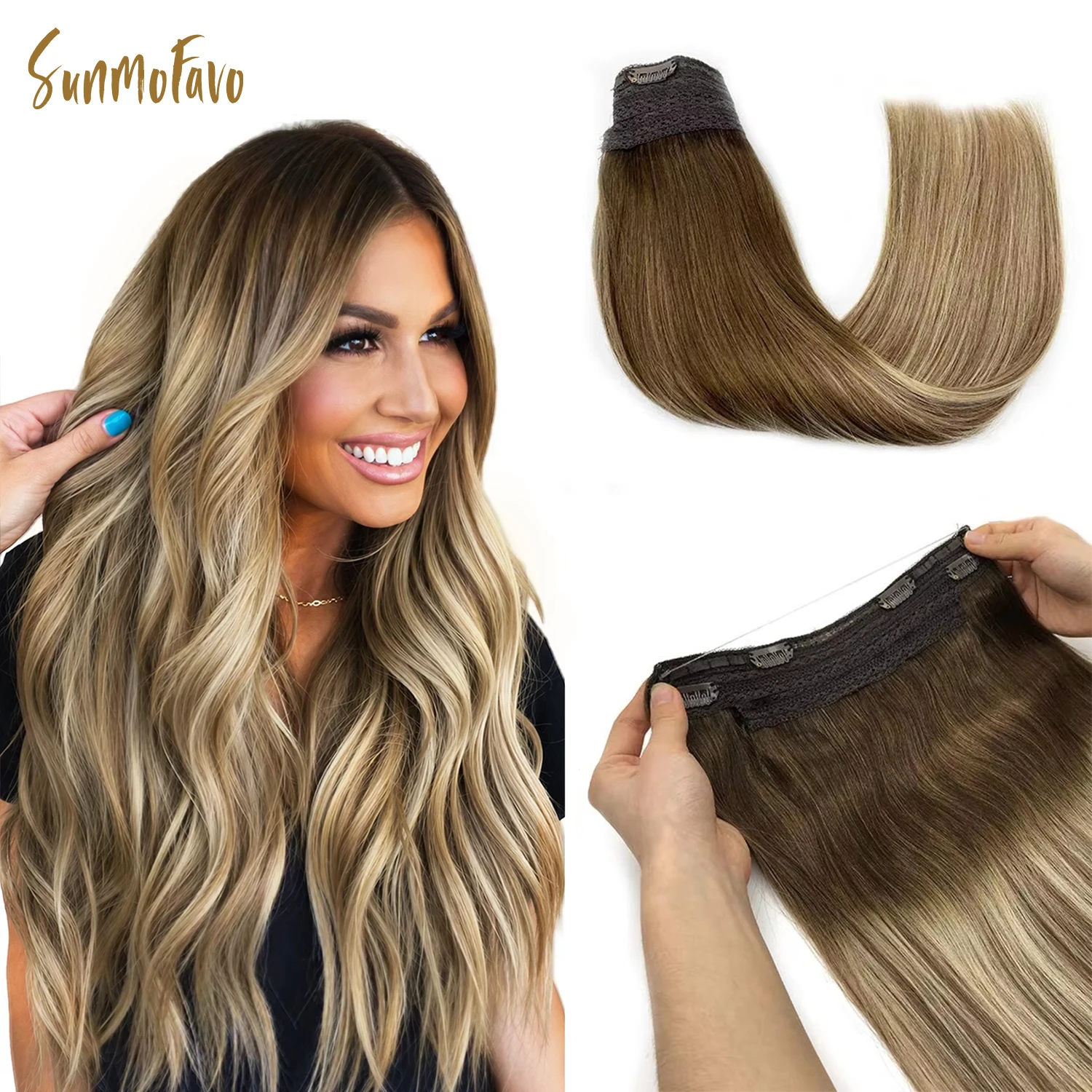 sunmofavo-フィッシュラインヘアエクステンションオンブルワイヤー人毛エクステンションナチュラルレミーバレイヤージュストレートヘアピースブロンド女性用