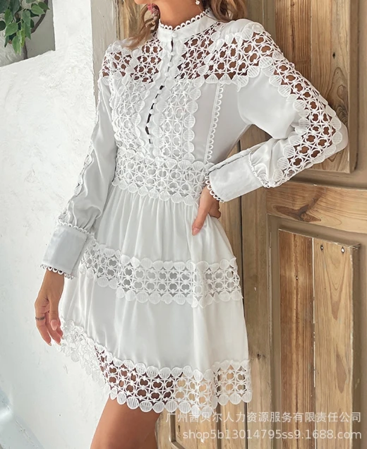 

Elegant Women Dresses Temperament Commuting 2024 Summer Women's Sexy White Hollow Out Lace Patchwork Long Sleeve Shirt Dress