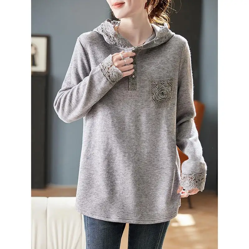 

Mid-length Long-sleeved Lace Spliced sweatshirt Korean Style Loose Casual Hooded Button Spliced versatile Top