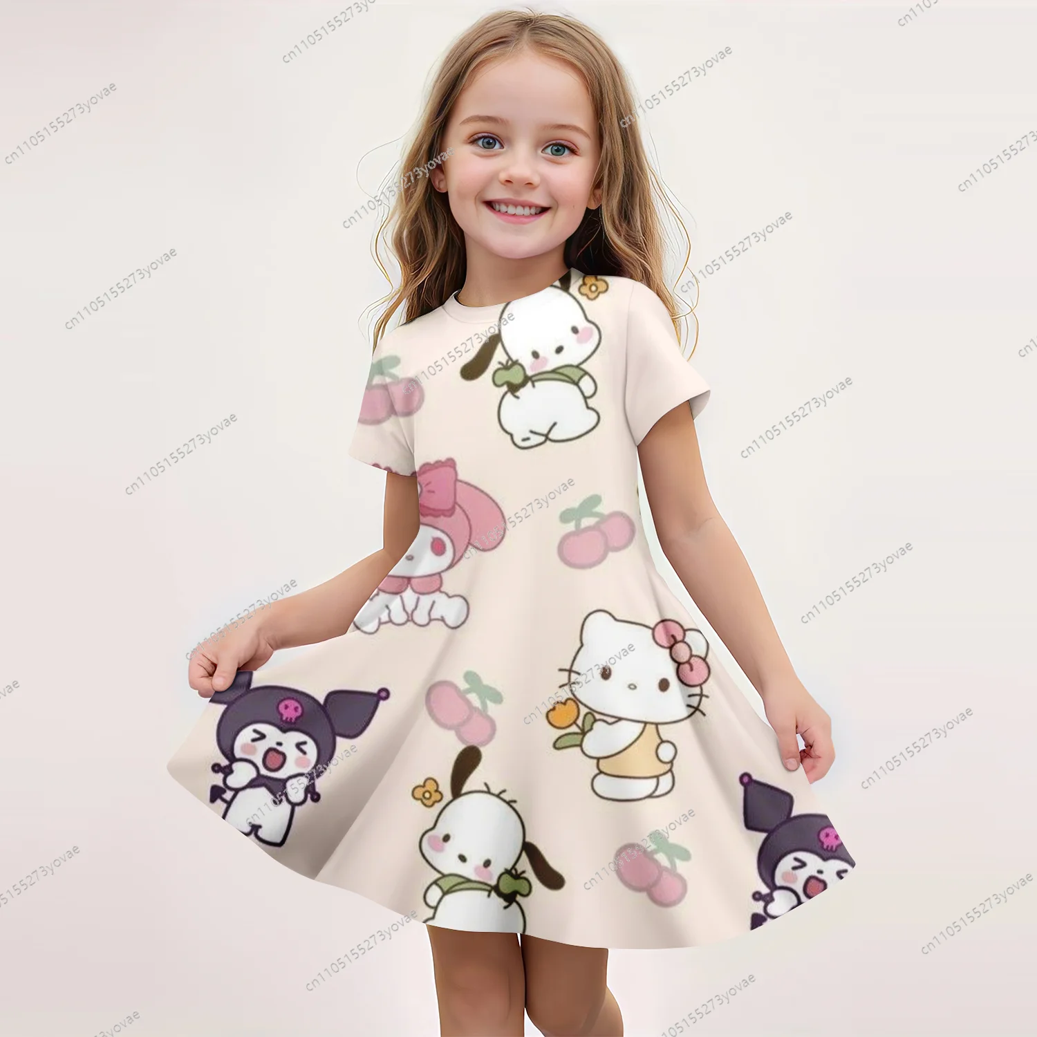 

Children's short-sleeved dress with 3D "hello tity" print, full of cute style and super lovable!