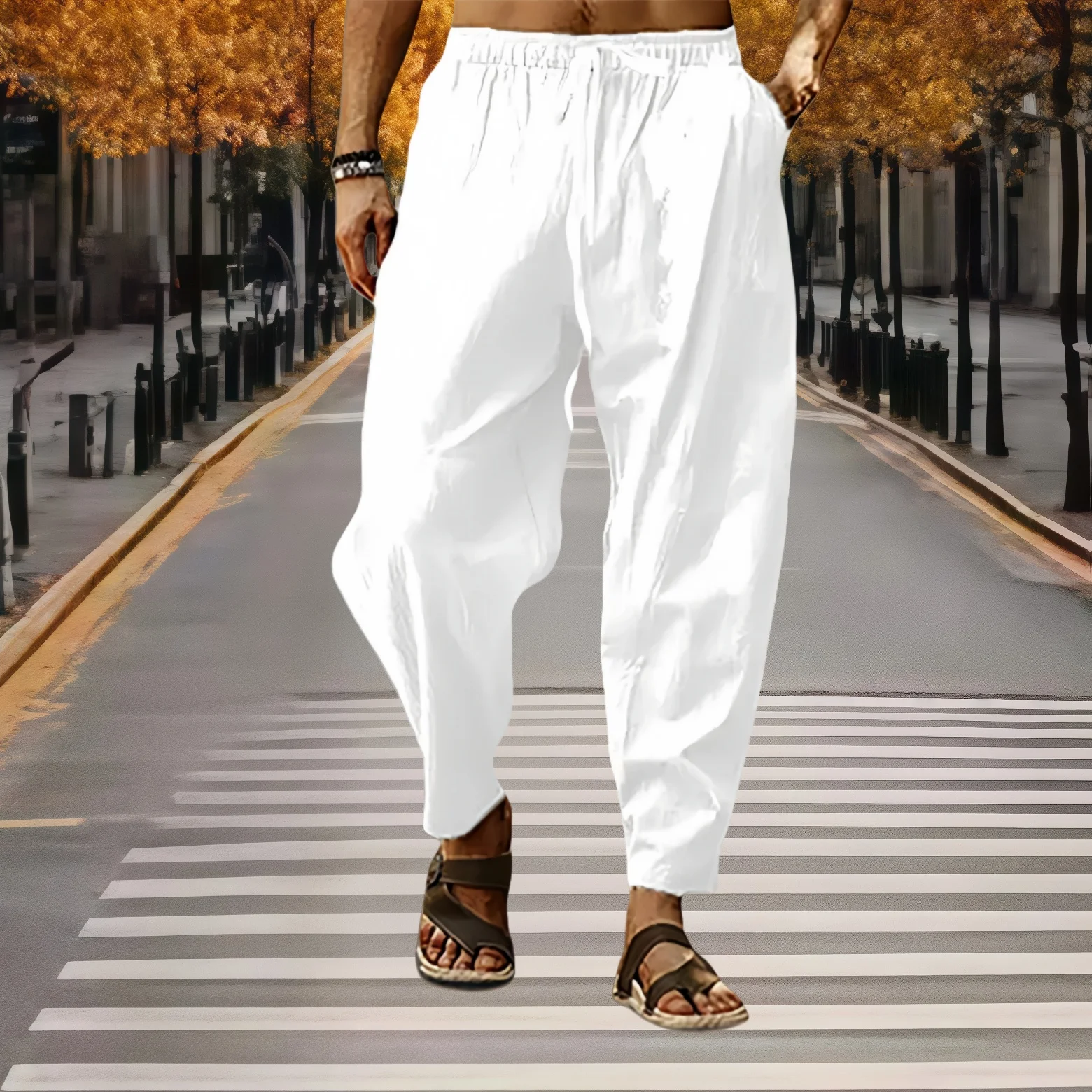 

New Autumn Men's Casual Cotton Linen Pants Wide Leg Lightweight Baggy Cotton Sweatpants Male Walking Jogger Trousers Work