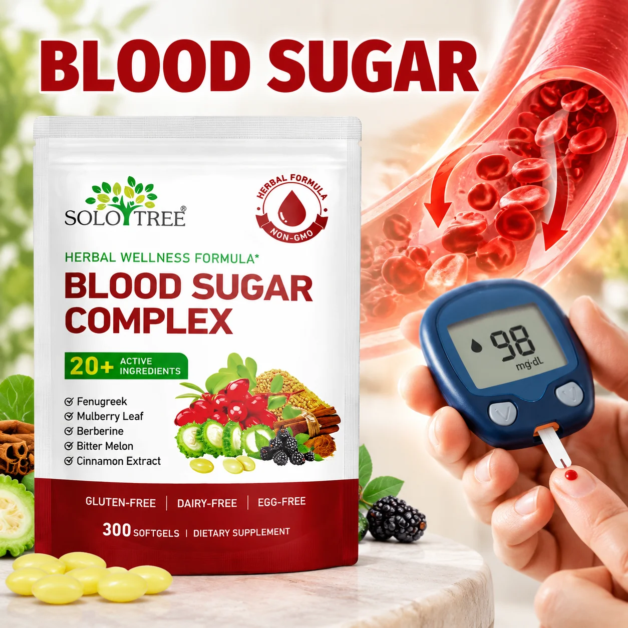 Blood Sugar Complex Supplement Softgels,Supports Healthy Metabolism,Immune Strength & Sustained Energy,Multi Herbal,300 Softgels