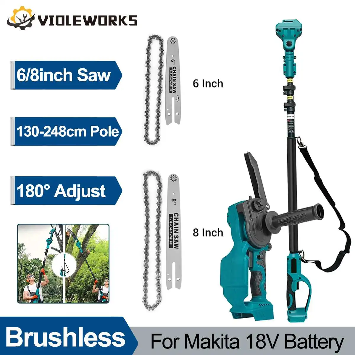 8/6inch Electric Chainsaw with 2.5m Telescopic Extension Pole Cordless Chain Saw High Branches Pruning for Makita 18V Battery