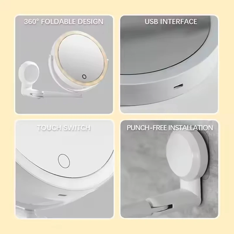 Wall LED Vanity Cosmetic Mirror with Touch Screen Foldable Dimming Makeup Mirror USB Charging 360 Rotation Double-sided Bathroom