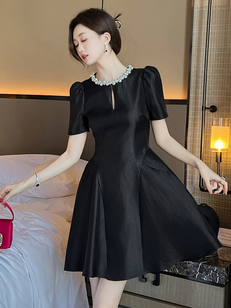 Elegant Cute Evening Dresses Women Clothes Classic Pearl Hollow Bubble Sleeve Swing Short Gown Party Club Prom Vestidos Fiesta