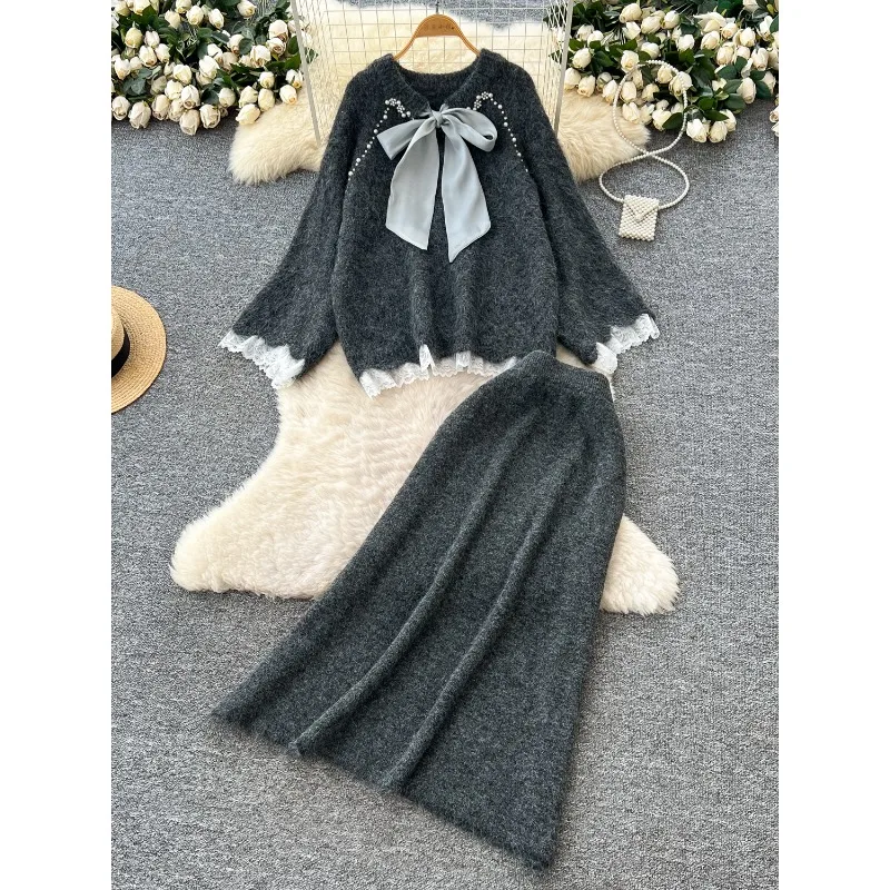 

Элегантный костюм с юбкой, женский осенний милый свитер с длинными рукавами и кружевной строчкой с бантом, длинная юбка с высокой талией, женские комплекты из двух предметов