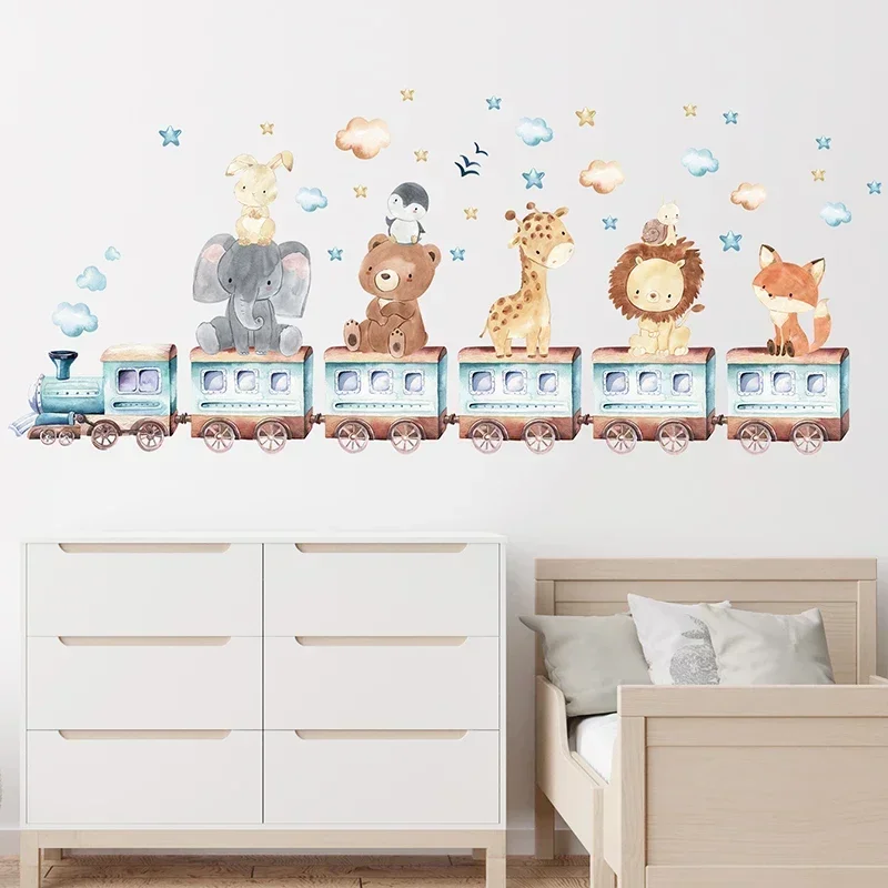 Watercolor Cartoon Cute Africa Animals Wall Stickers Elephant Giraffe Bear Fox Kids Room Wall Decals Decorative Sticker for Wall image 5