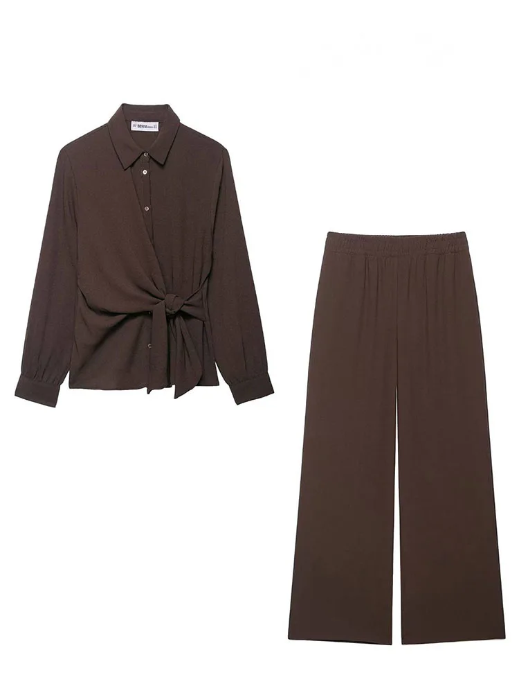 

HH женская мода однобортный лацкан с узлом украшают рубашки с длинными рукавами + широкие брюки с эластичной резинкой на талии осенний комплект из 2 предметов