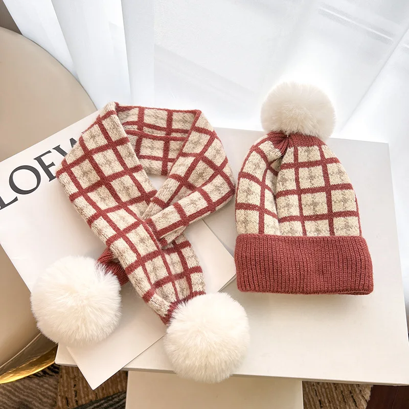 Winter Warm Plaid Pompom Baby Hat and Scarf Sets Kids Thick Soft Knitted Neckerchief Accessories Children Beanie Boys and Girls