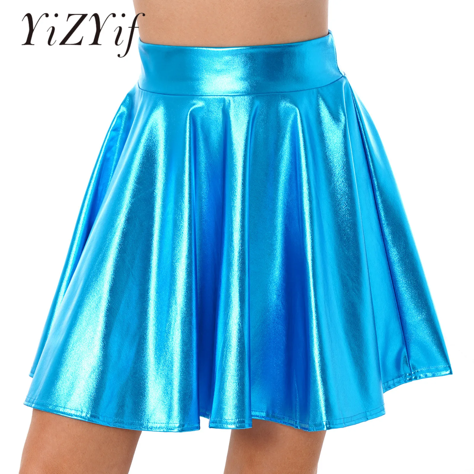 

Womens Shiny Metallic Ruffle Skirts Clubwear Glossy Mini Skirts High Waist Flare Skirt Cocktail Party Pole Dance Costume