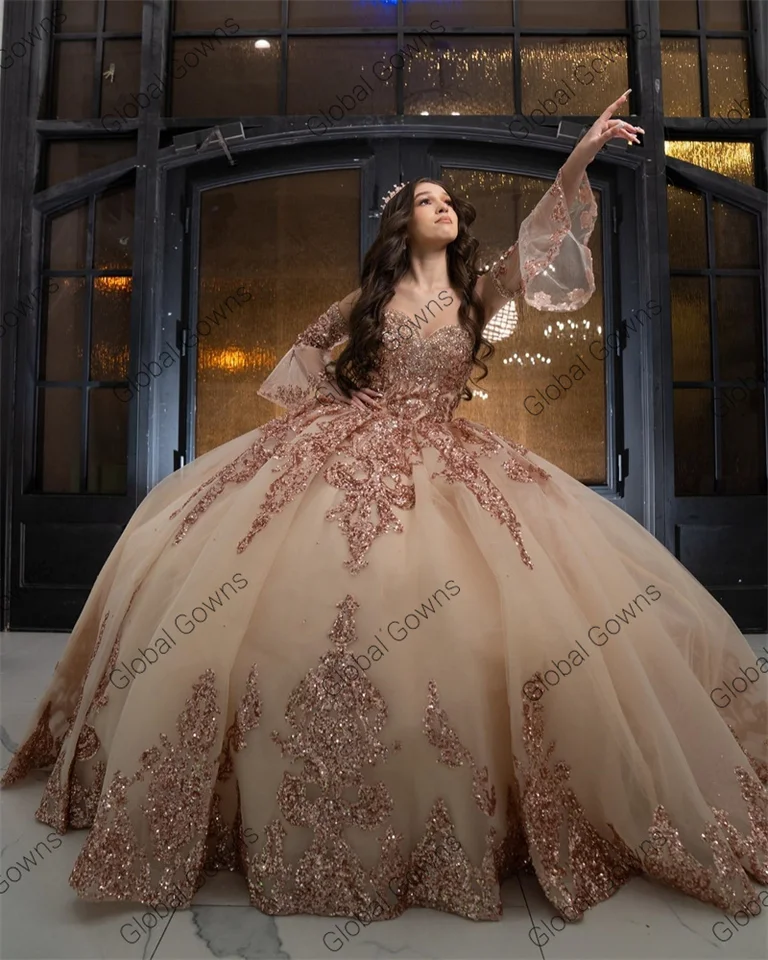 Mexico Rose Gold Sequin Quinceanera Dress 2024 Sweetheart Bead Plus Size Corset Prom Dress Ruffle