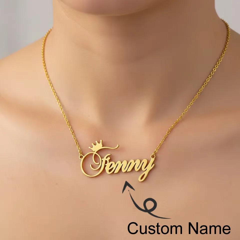 

Custom Name Necklace for Women Personalised Crown Cursive Font 18K Gold Plated Stainless Steel Letters Pendant Choker Jewelry
