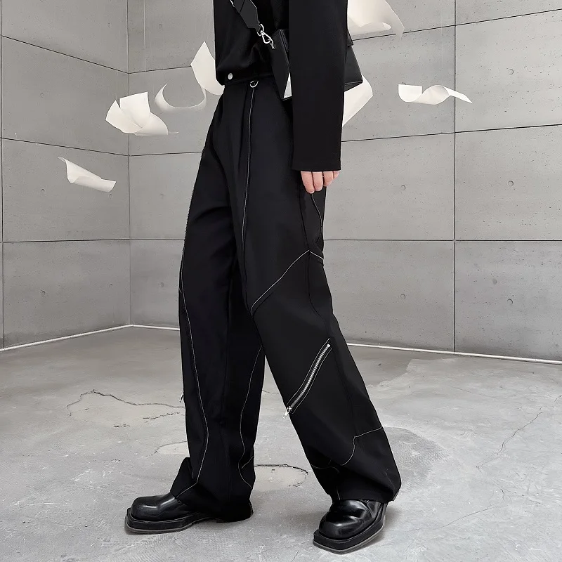 2023Open Straight Men For Line Raw Edge Pant Loose Casual Cargo Pants Male Japan Korean Streetwear Fashion Motorcycle Trousers