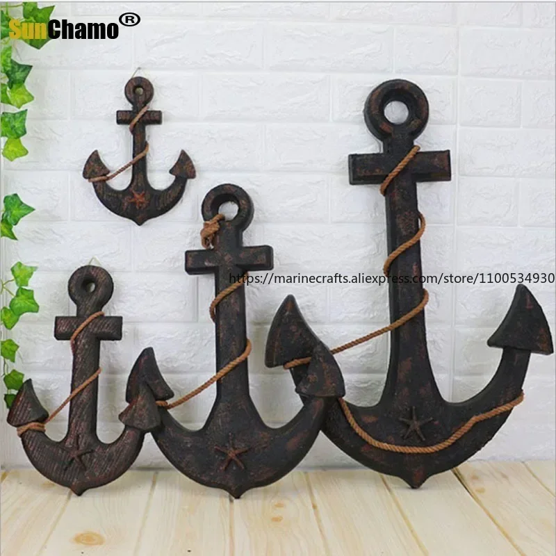 Mediterranean Vintage Wooden Ship Anchor Wall Hanging Nautical Home Decor Retro Marine Wall Art Background Decoration Ornament