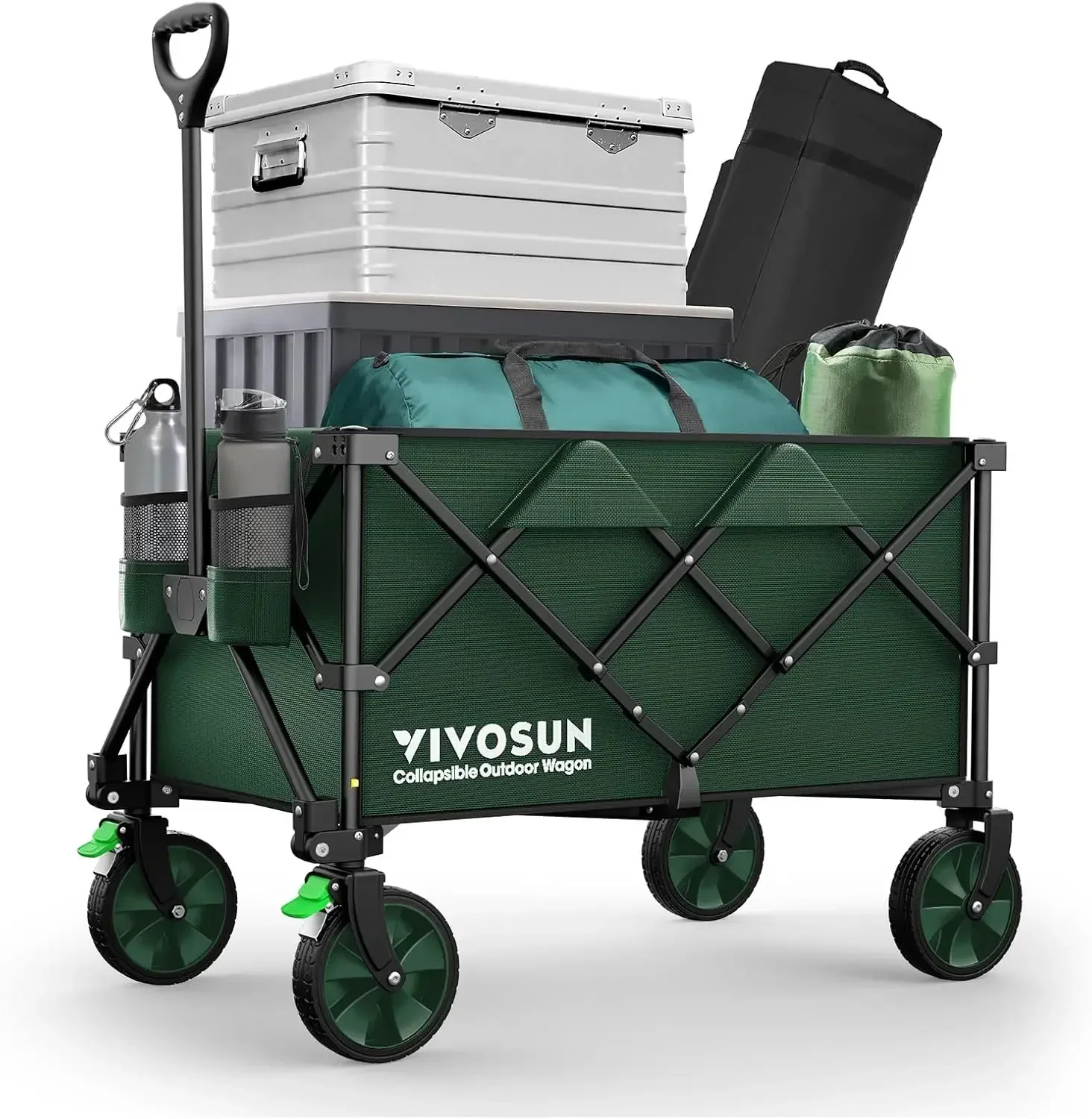 

Collapsible Folding Wagon, 300lb load-bearing Outdoor Utility Cart with Silent Universal Wheels, Cup Holders