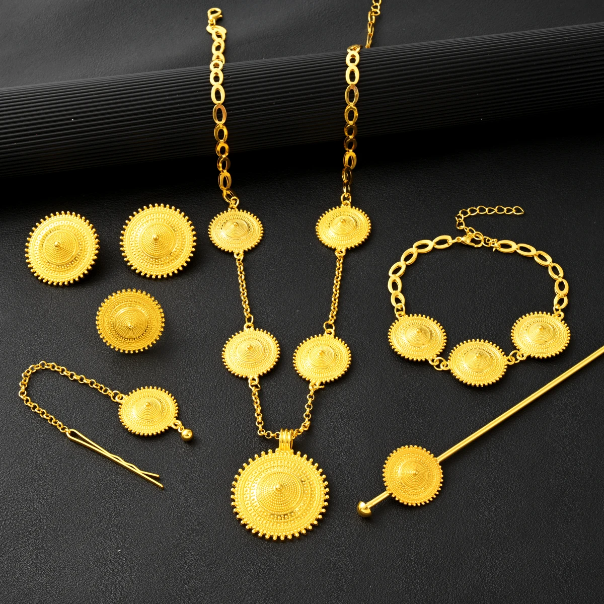 NEW Golden Color Ethiopian Round Jewelry Set Pendant Earrings Ring Head Chain Bracelet 6-Piece Set African Eritrean Wedding Gift