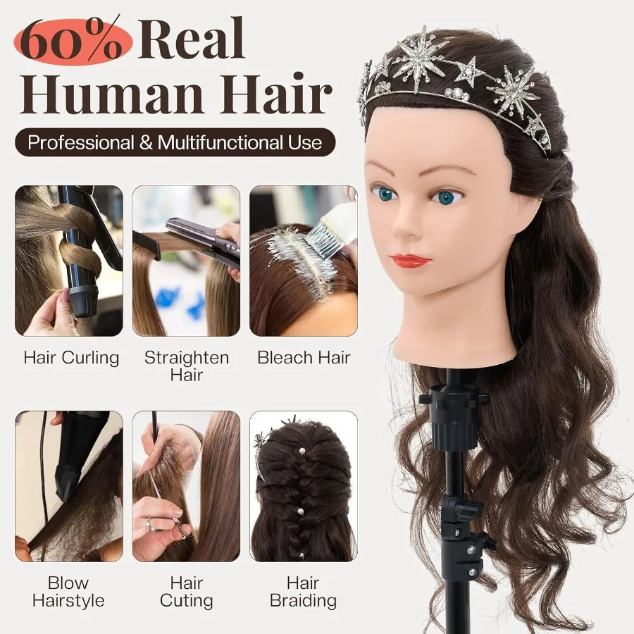 رأس عارضة أزياء للشعر الحقيقي مقاس 28 بوصة 60 لتدريب التجميل وممارسة التصميم مثالية لتقنية تجديل وتجعيد الشعر والقطع