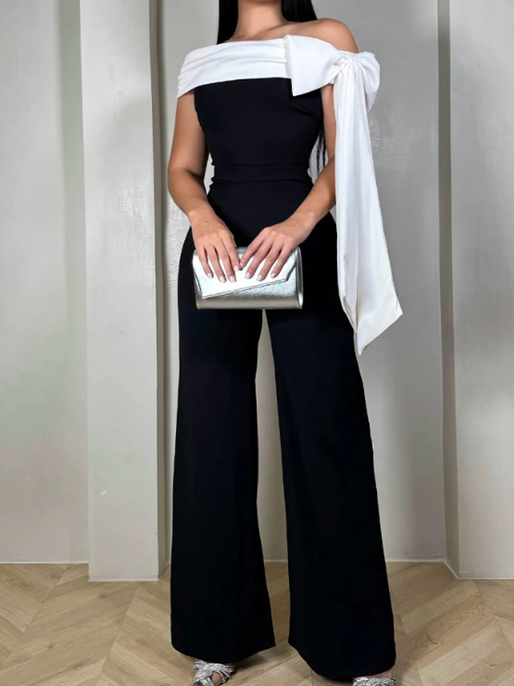 

Colorblock Bowknot Decor Off Shoulder Sleeveless Jumpsuit Casual Wide Leg Jumpsuit