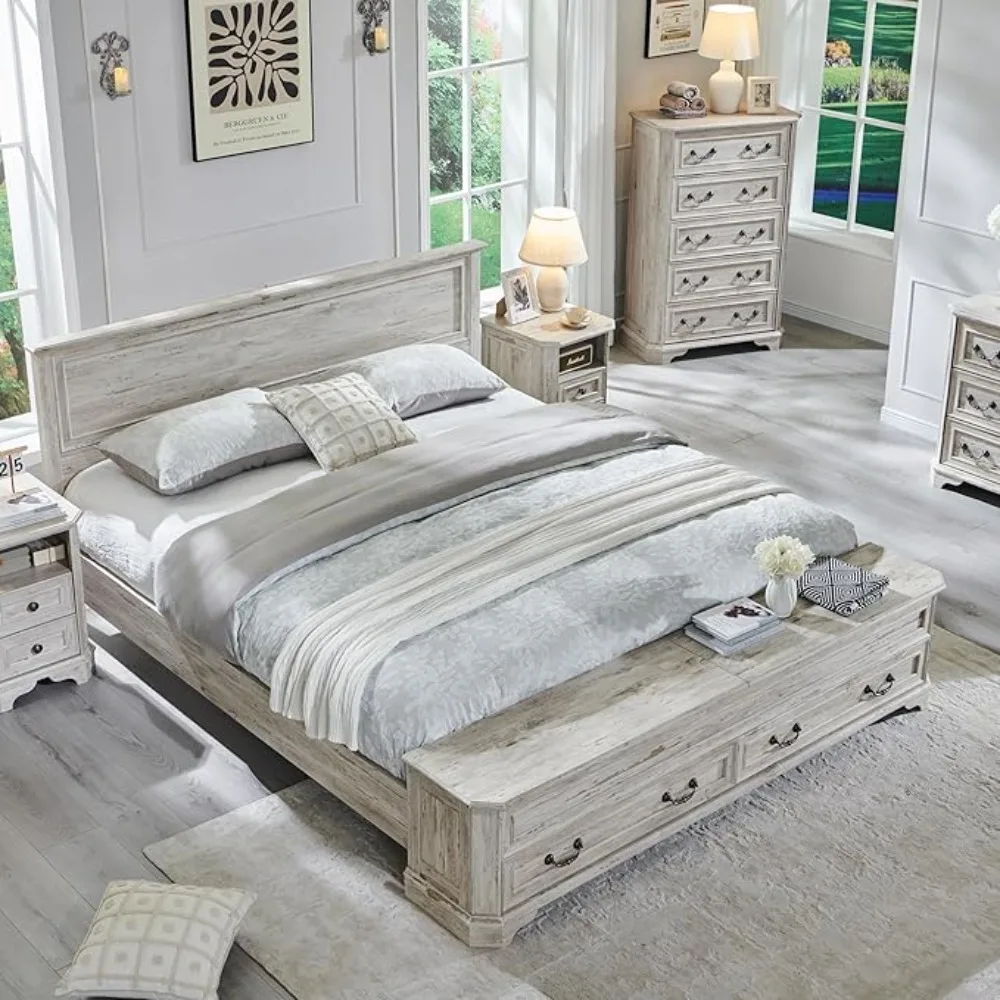 

King Bed with Headboard and Storage Bench, Rustic Wood Platform Bed with 80" Storage Chest w/ 4 Large Storage Drawer