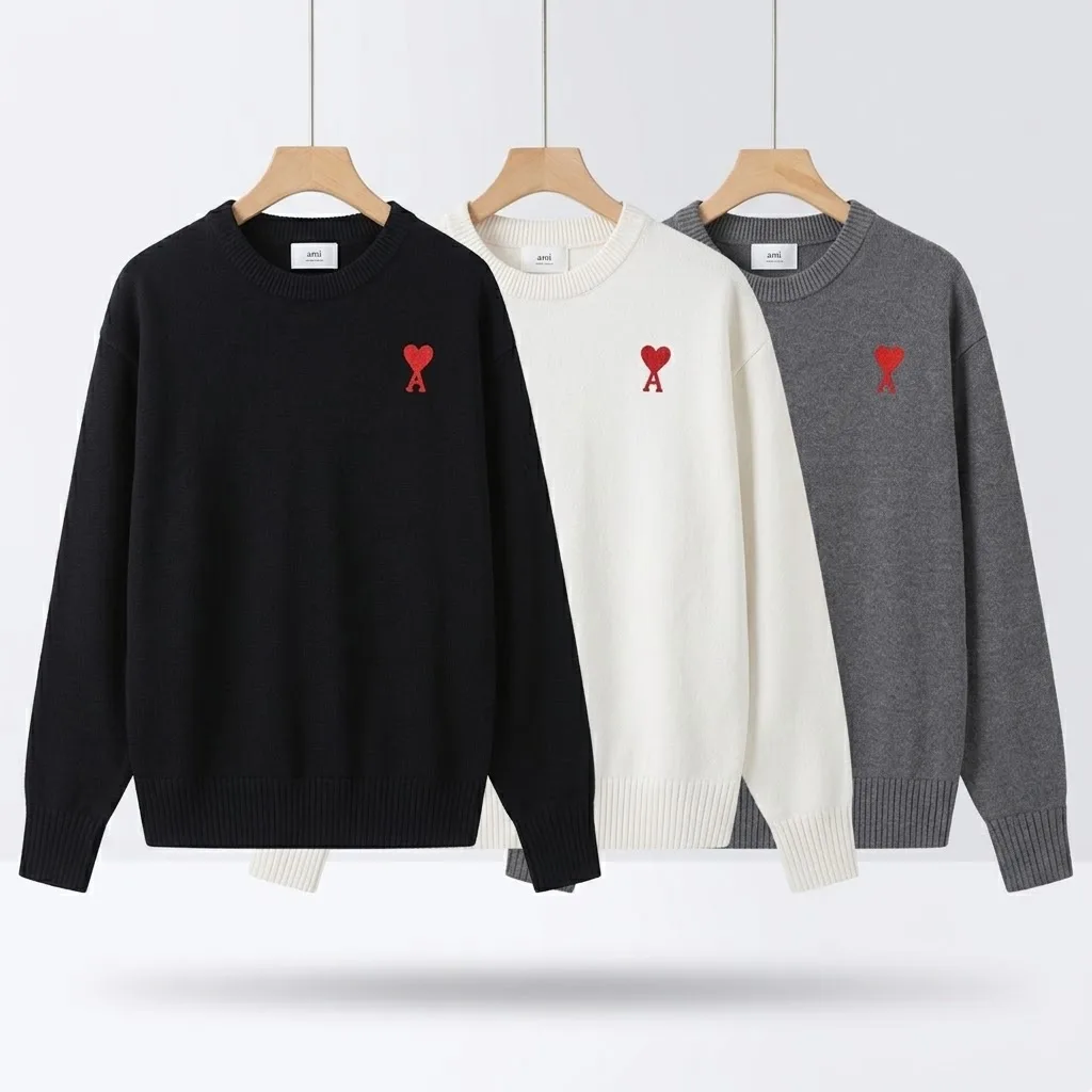 AP Small Red Heart A Crewneck Sweater Men Women Classic Embroidery Knitwear Oversized Autumn Winter Wool Pullover Jumper