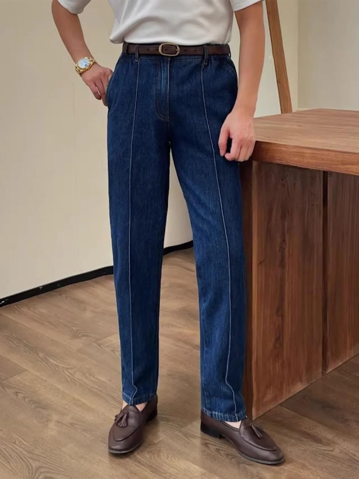 

Модные винтажные хлопковые джинсы с завышенной талией, мужские прямые повседневные джинсовые брюки с девятью точками, длинные брюки с высокой талией, Urban Sle