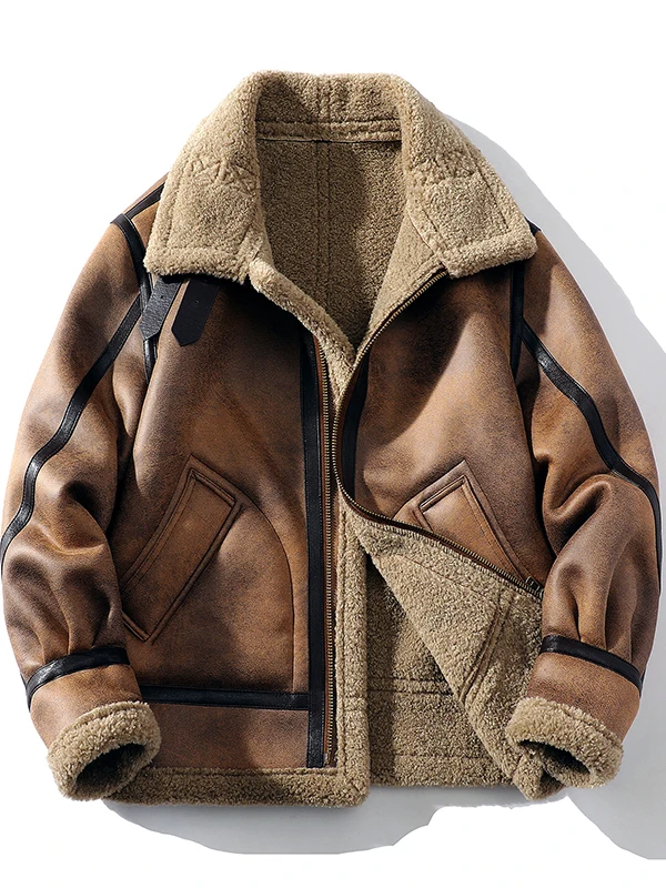 

Winter Lamb Fur Lined Biker Jaet Men's Large Size Outerwear Retro Sle Leather Jaet Youth Trend Polyester Nylon Cosit...