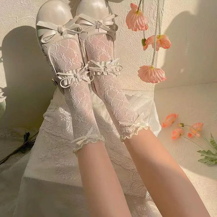 Women's Sock Spring Summer Breathable Ultra Thin Lace Sock Colored Bow Girl Thin Sock Simple Fashion Trend Solid Color Wholesale
