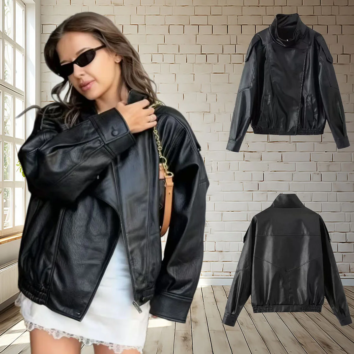 

2025 autumn and winter women's vintage imitation leather jacket, fashionable street style with zipper and lapel