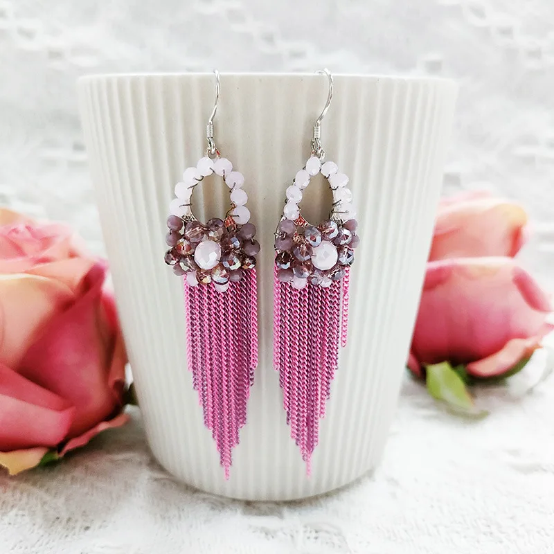 

ZGMXR Rice bead earrings Tassel Flower Crystal Bohemia Pattern Creativity Hand-woven Alloy Woman Fashion Simple Beaded earrings