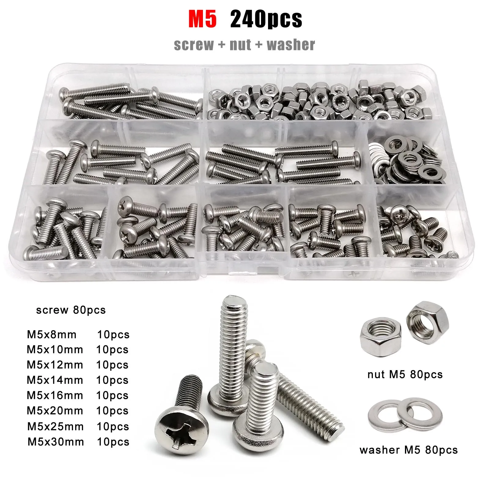 1 Box GB818 M1.6 M2 M2.5 M3 M4 M5 M6 M8 304 Stainless Steel Phillips Cross Round Pan Head Screw Bolt Nut Washer Assortment Kit