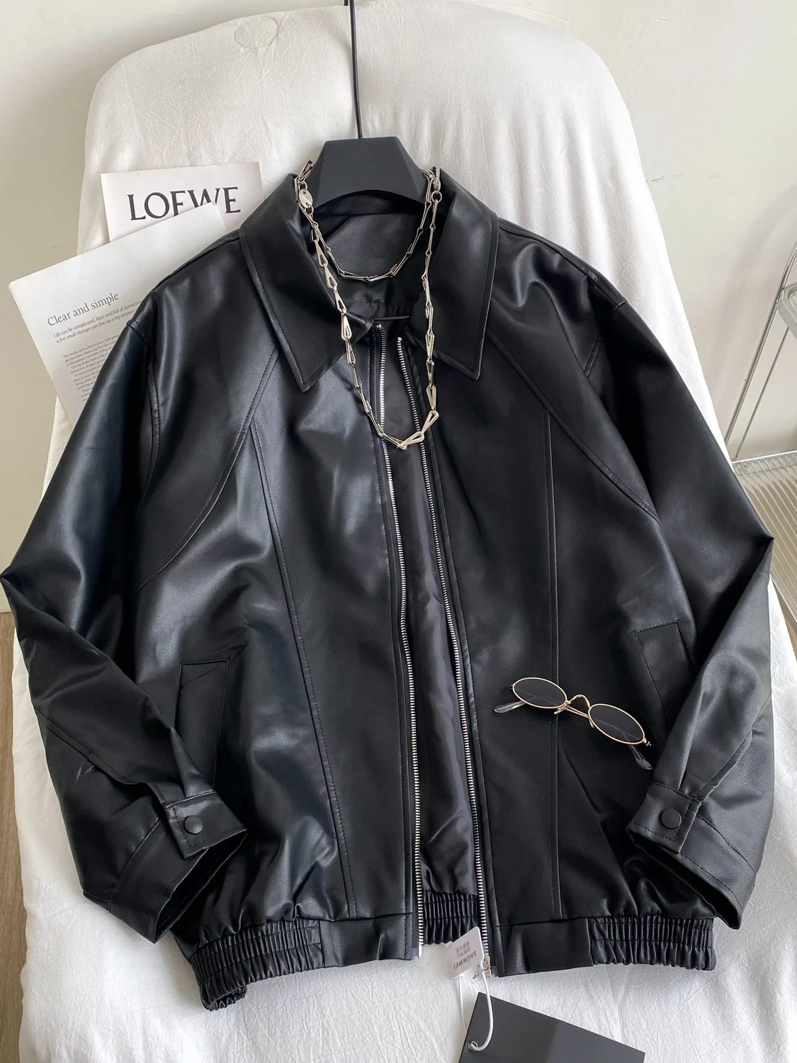 Retro American Hot Girl PU Leather Jaet Women's Autumn Zipper Loose Collar Design Street Motorcycle Clothes Outerwear Trendy
